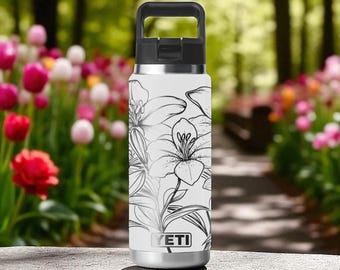 Lilienblume Gravierte YETI Flasche - 12 Unzen 18 Unzen 26 Unzen 36 Unzen 46 Unzen - Elegantes Florales Line Art Design - Stroh- oder Chug Cap