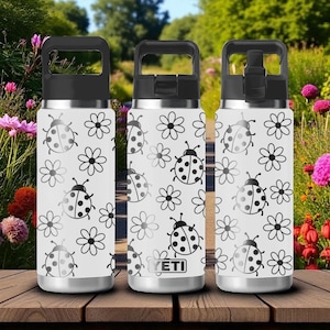 Engraved YETI Bottle with Ladybug and Flower Design – Cute Nature Laser Engraved Water Bottle – 12oz 18oz 26oz 36oz 46oz