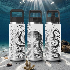 May include: Three white water bottles with black lids and handles, featuring a black and white octopus design. The bottles have a silver base and the brand name "YETI" is visible on one. The background shows an underwater scene with sunlight.