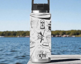 Fishing Themed Engraved Water Bottle – Laser Engraved Fisherman Pattern – 16oz 24oz 32oz 40oz Bottle Gift for Him