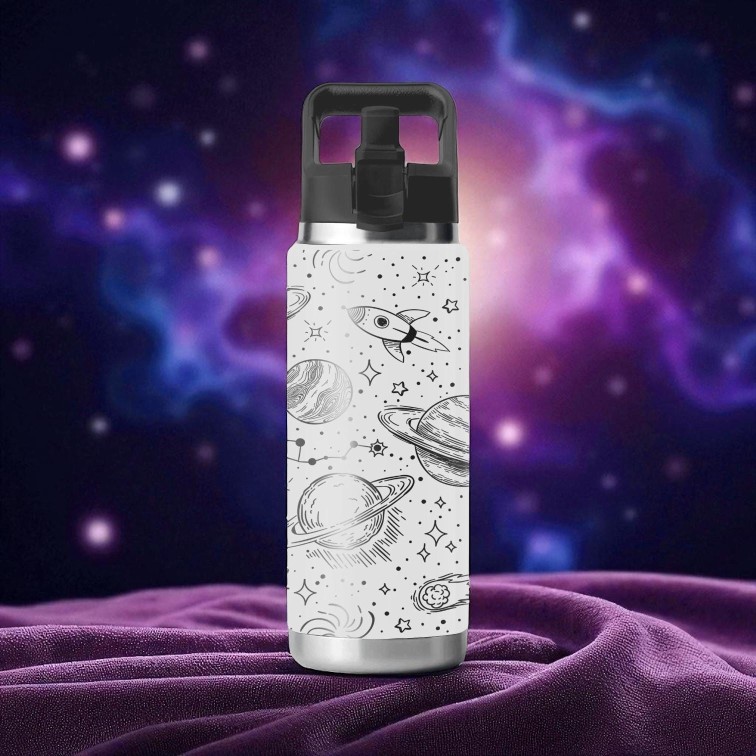 Outer Space Water Bottle – Engraved Planets and Rockets Wrap
