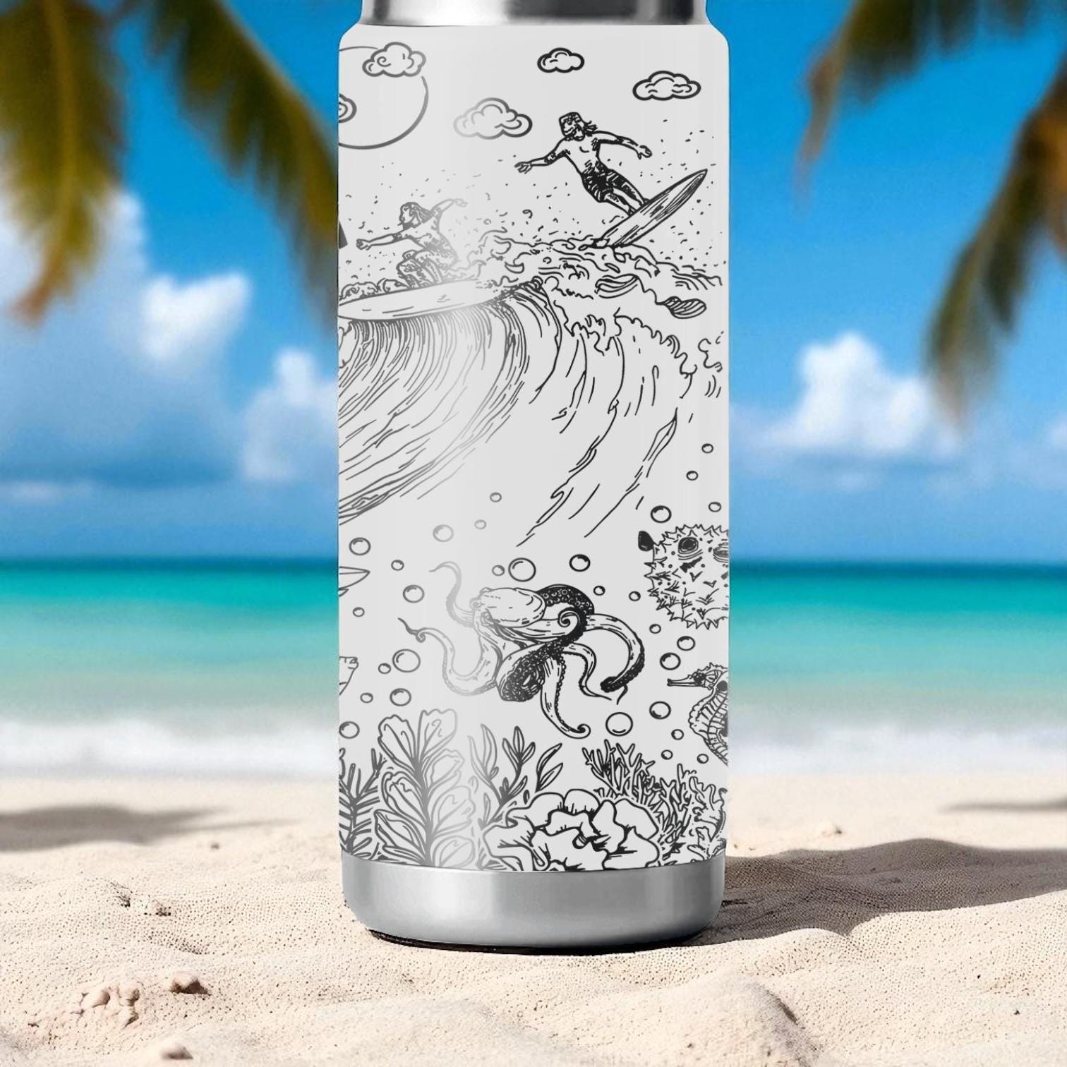 Aloha YETI Tumbler – Engraved Hawaii Surf and Beach Scene