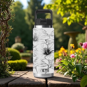 Hibiscus Flower YETI Tumbler – Engraved Floral Wrap – Tropical Botanical Gift for Her – 12oz 18oz 26oz 36oz 46oz