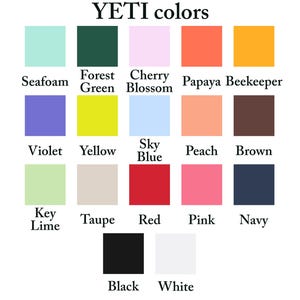 a collection of 16 different colors, each corresponding to a different YETI brand. These colors include various shades of green, blue, orange, pink, and black, as well as some unique combinations like sea foam, forest green, cherry blossom, and key lime.