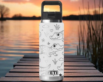 Gourde en alligator mignon gravé au laser – Gobelet crocodile kawaii pour enfants, Fiole d'animal personnalisée – 16 oz 24 oz 32 oz 40 oz