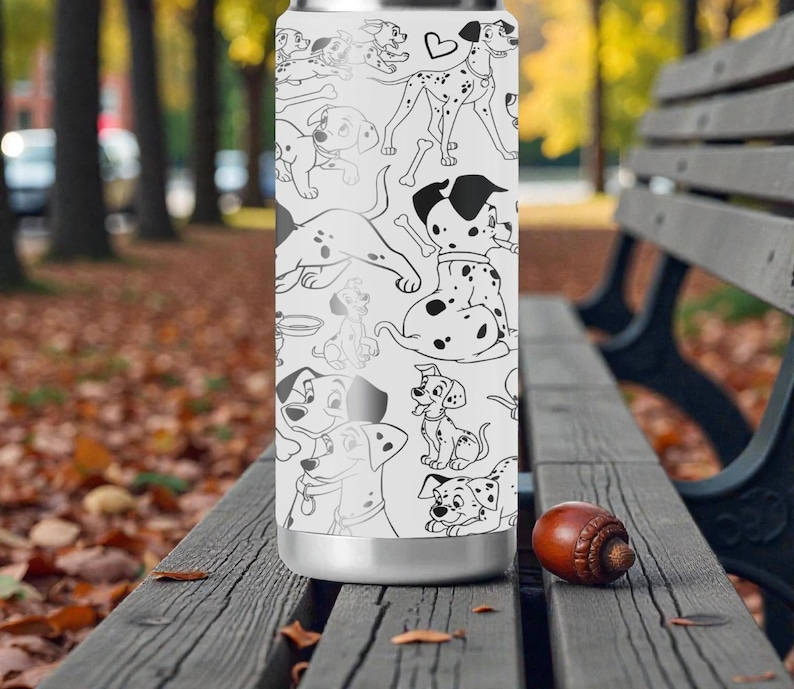 May include: A white stainless steel water bottle featuring a black and white Dalmatian dog pattern. The bottle has a silver base and a matching silver top. The design includes various poses of the dogs, bones, and hearts.