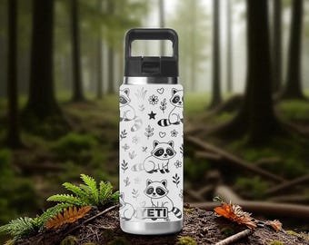 Raccoon YETI Tumbler – Laser Engraved Wrap – Rambler 12oz 18oz 26oz 36oz 46oz – Chug or Straw Cap – Cute Gift for Nature Lovers