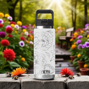 Peony Flower Engraved YETI Bottle – 12oz 18oz 26oz 36oz 46oz – Elegant Line Art Floral Design – Chug or Straw Cap