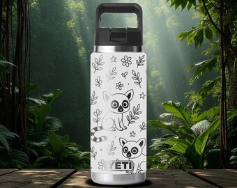 Engraved YETI Bottle with Lemur Design – 12oz 18oz 26oz 36oz 46oz – Cute Animal Water Cup – Chug or Straw Lid