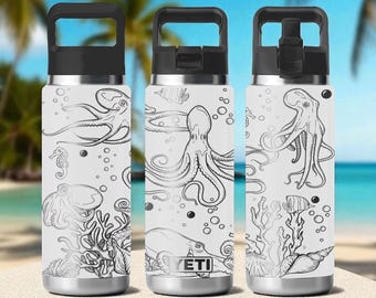 Octopus YETI Becher - Gravierter Ozean mit Oktopus, Koralle, Seepferdchen - Meeresleben Geschenk Meeresbewohner-Liebhaber - 12 Unzen 18 Unzen 26 Unzen 36 Unzen 46 Unzen