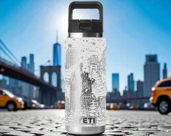 Vaso YETI de la ciudad de Nueva York – Grabado del horizonte de la ciudad y la Estatua de la Libertad – Rambler 12 oz, 18 oz, 26 oz, 36 oz, 46 oz – Tapa con pajita o chupete – Regalo de invierno