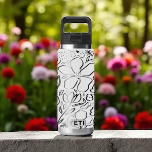 Bold Flower Line Art YETI Bottle – 12oz 18oz 26oz 36oz 46oz – Modern Floral Engraved Design – Chug or Straw Cap