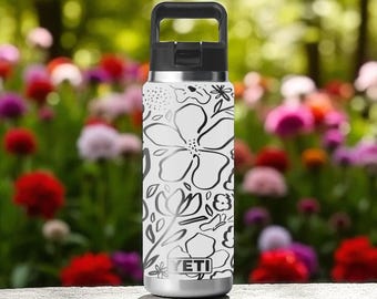 Bold Flower Line Art YETI Bottle – 12oz 18oz 26oz 36oz 46oz – Modern Floral Engraved Design – Chug or Straw Cap