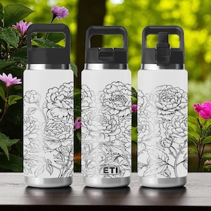 Engraved YETI Bottle with Elegant Peony Flower Design – Floral Laser Engraved Water Bottle – 12oz 18oz 26oz 36oz 46oz
