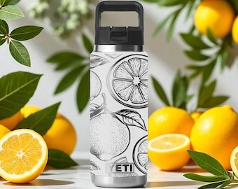 Graverad YETI-flaska med apelsin-citrusfruktdesign – 300 ml 450 ml 700 ml 1200 ml – Sommarvattenflaska – Lock med sugrör eller sugrör