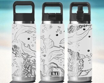 Delfin Ozean YETI Becher - Gravierte Sea Life Design - Rambler 12 Unzen 18 Unzen 26 Unzen 36 Unzen 46 Unzen - Stroh- oder Chug Cap