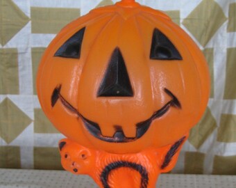 vintage halloween 14 black orange pumpkin cat light up blow mold collectible spooky halloween decoration table top