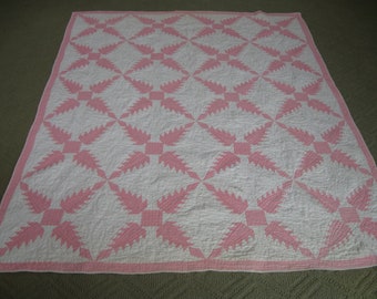 Vintage Quilt Pink Patchwork Quilt Hand Sewn Farmhouse 81" by 64"