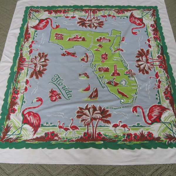 Vintage Florida State Souvenir Tablecloth Pink Flamingos