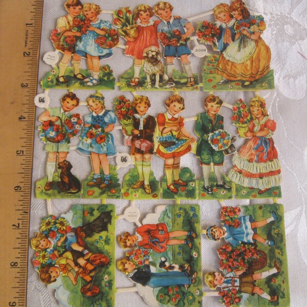 Vintage Germany Diecut Die Cuts Scraps Boys & Girls Flowers Old Paper Ephemera Graphics Scrapbook Project