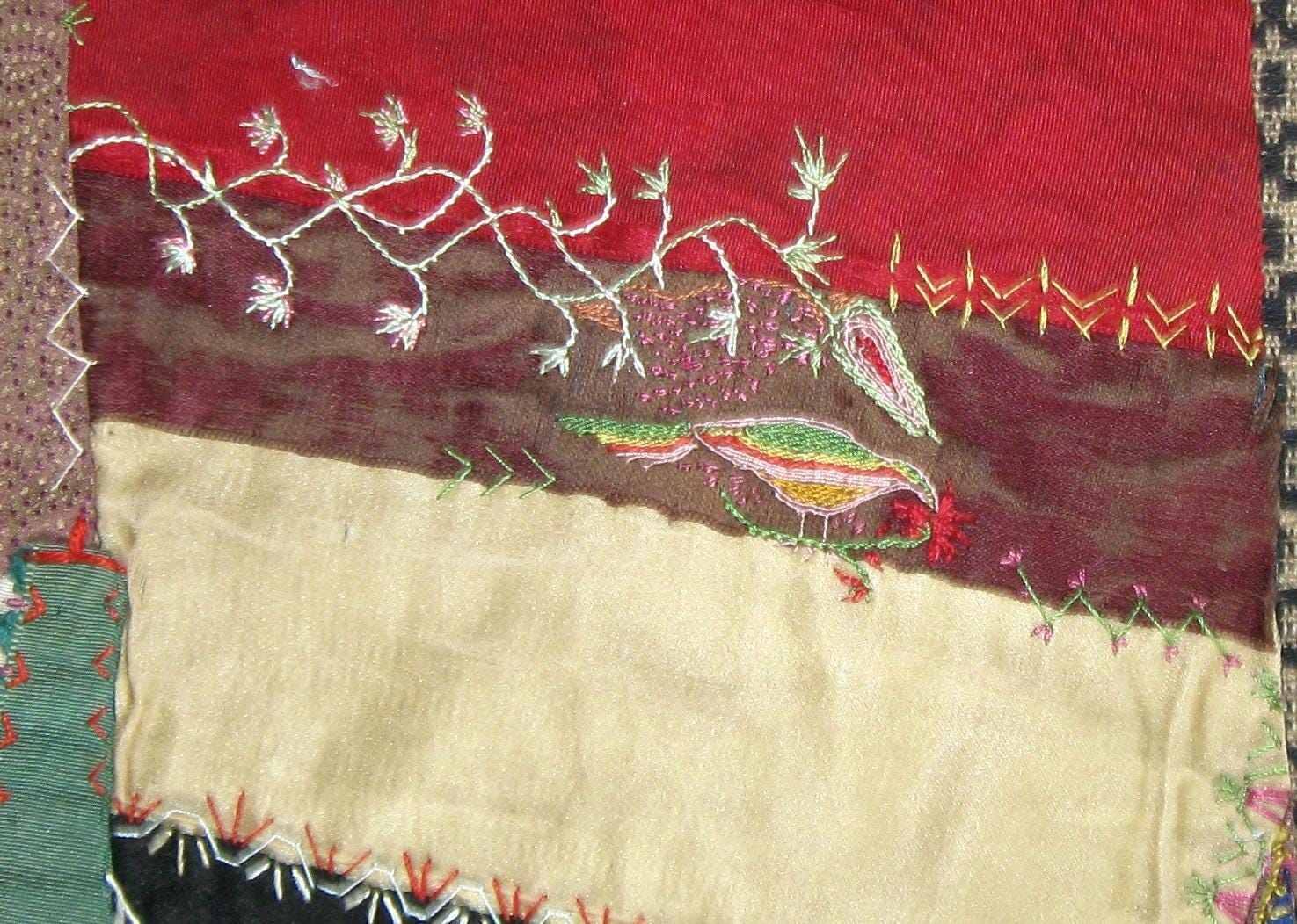Antique Victorian Crazy Quilt Piece Repurpose Fragment Quilt Piece Block Embroidery Bird Fancy Stitches