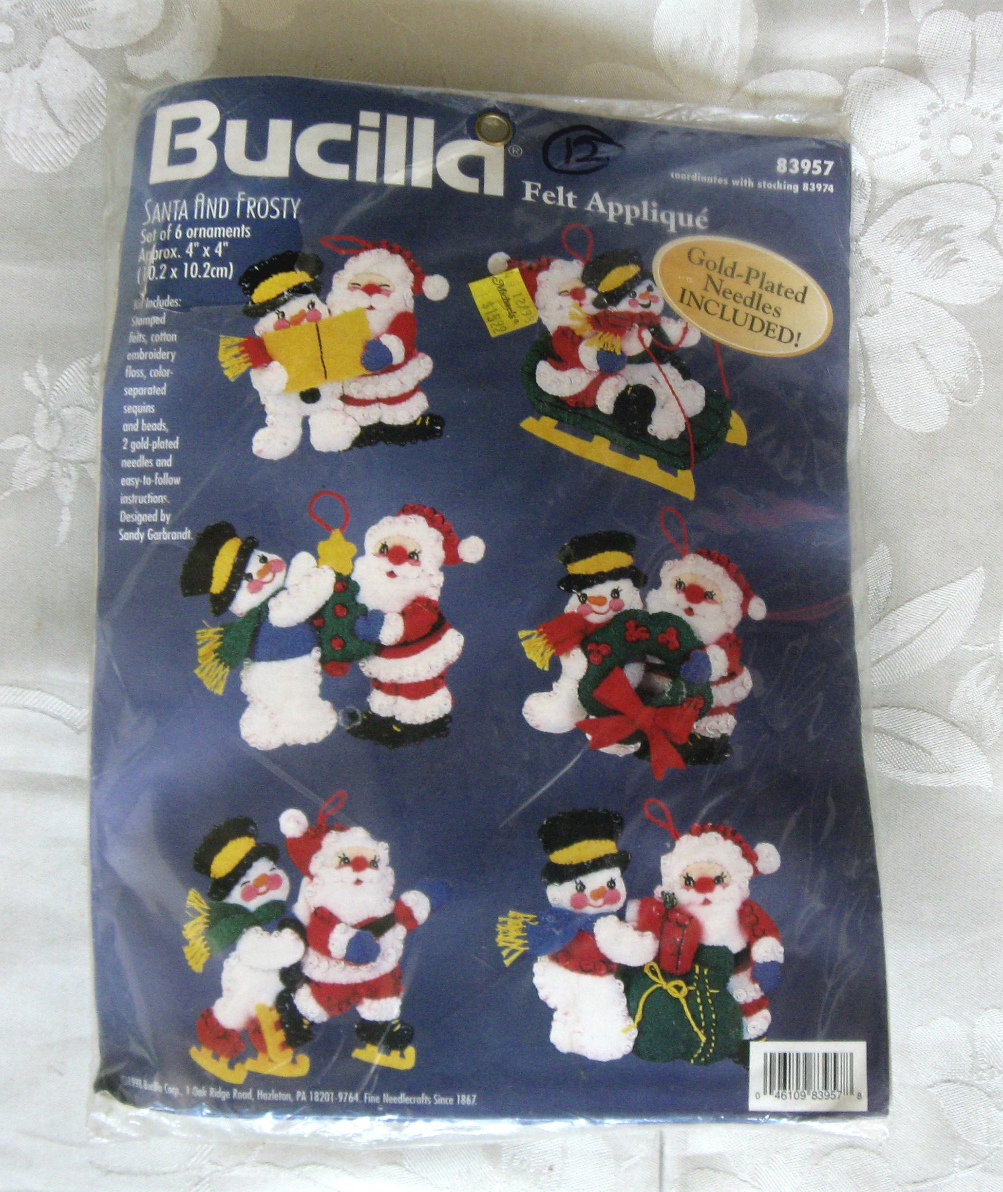 Bucilla SANTA & FROSTY Felt Applique Ornaments Kit Sequins Christmas 83957 Set 6