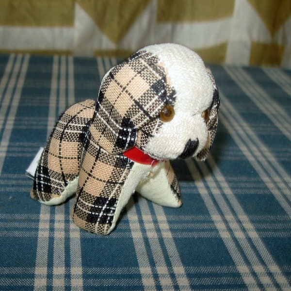 Vintage Straw Stuffed Tape Measure and Pin Cushion Plaid Puppy Dog Japan Sewing