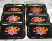 Set of 6 Vintage Tole Style Tin Tip Tray Miniature Black w Floral Design