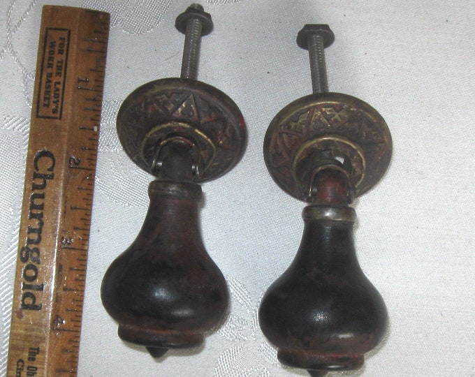 2 Antique Victorian Tear Drop Drawer Pulls Wood & Brass Teardrop Pair