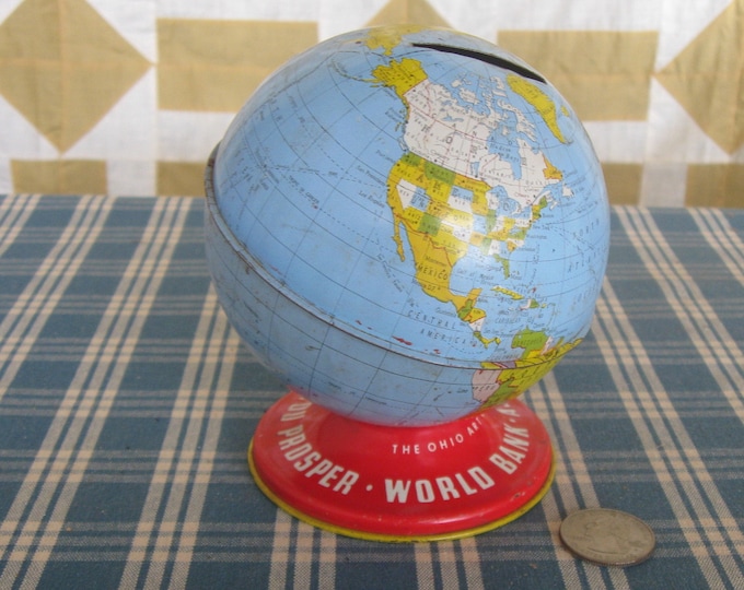 Vintage Ohio Art World Globe Metal Tin Bank Toy Etsy