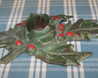 Cast Iron Candle Holder Christmas Red Green Holly Leaf Christmas Farmhouse Decor
