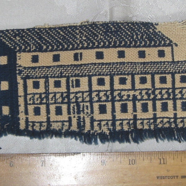 Antique Houses Buildings Coverlet Piece Woven Primitive Blanket Quilt Reversible Primitive Cutter Repurpose