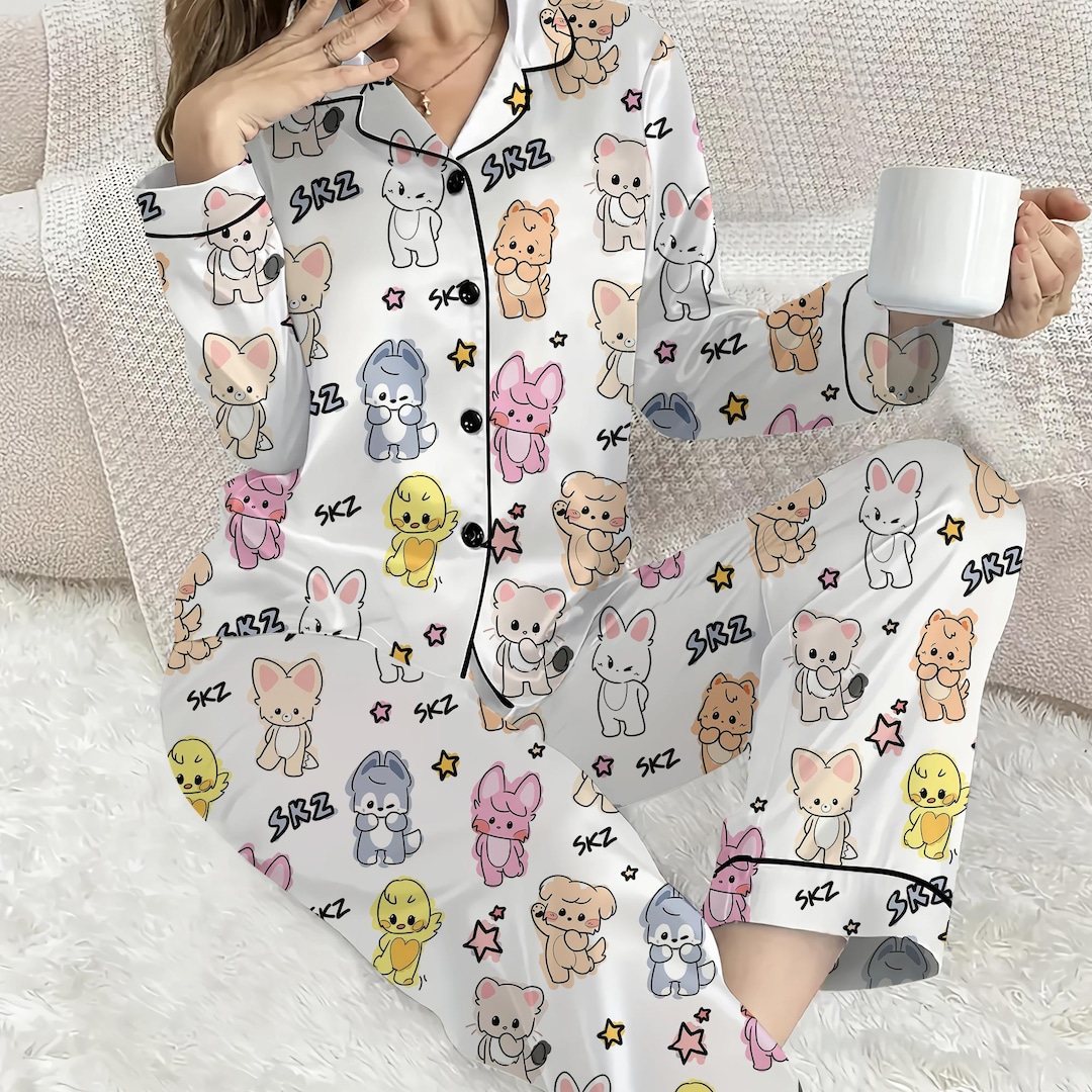 Kawaii Skzoo Satin Pajama Set, Stray Kids Kpop Sleepwear PSN1362
