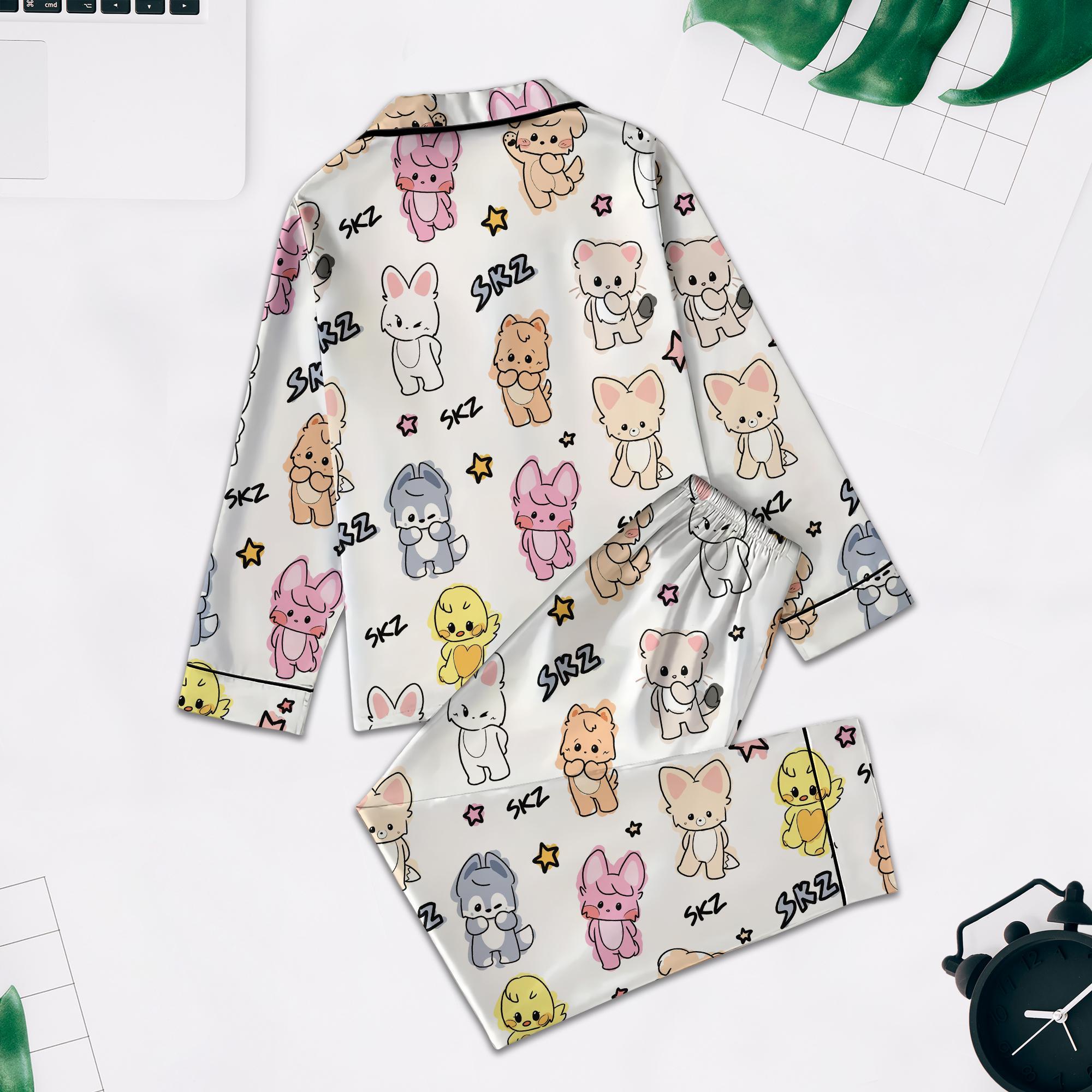 Kawaii Skzoo Satin Pajama Set, Stray Kids Kpop Sleepwear PSN1362