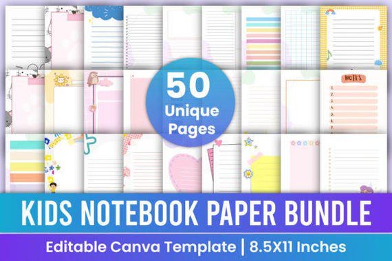 Kids Notebook Paper Bundle | 50 Editable Canva Templates | 8.5x11 Inch Cute Lined Paper | KDP Interiors