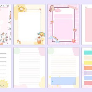 May include: Set of printable planner pages with cute illustrations. Includes pages with cat, sun, owl, rainbow, and floral designs. Also includes lined pages, a weekly planner, and a page with colorful stripes.