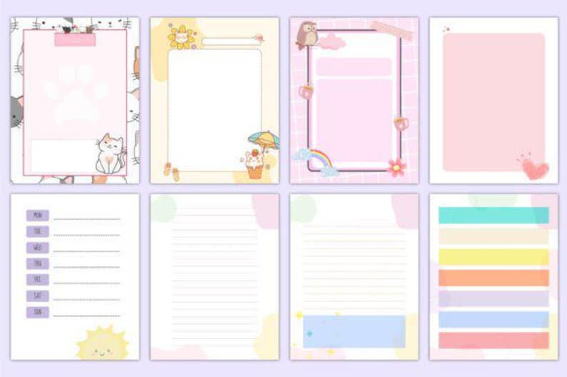 May include: Set of printable planner pages with cute illustrations. Includes pages with cat, sun, owl, rainbow, and floral designs. Also includes lined pages, a weekly planner, and a page with colorful stripes.