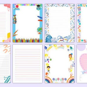 May include: Set of eight printable lined paper templates featuring colorful borders with school-themed illustrations, including pencils, books, a globe, a backpack, and a heart shape.