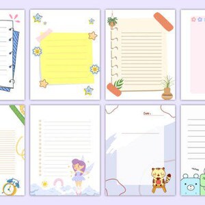 May include: Set of eight printable planner pages with lined paper and cute illustrations. The illustrations include a unicorn, a fairy, a tiger, a monster, a lightbulb, a clock, a potted plant, and a sticky note.