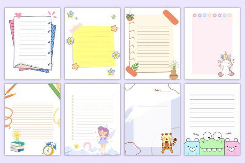 May include: Set of eight printable planner pages with lined paper and cute illustrations. The illustrations include a unicorn, a fairy, a tiger, a monster, a lightbulb, a clock, a potted plant, and a sticky note.