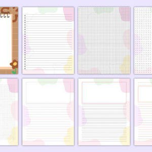 May include: Set of eight printable planner pages with different layouts. The pages feature a grid, lined, and dotted paper with pastel pink, green, and yellow abstract shapes.