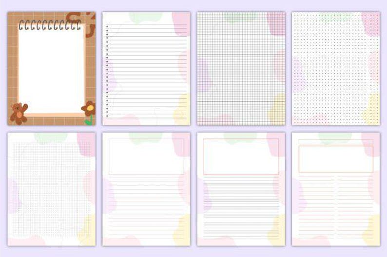 May include: Set of eight printable planner pages with different layouts. The pages feature a grid, lined, and dotted paper with pastel pink, green, and yellow abstract shapes.