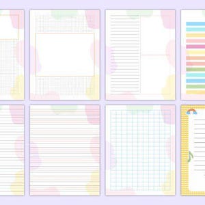 May include: Set of eight printable planner pages with different layouts, including lined, grid, and blank pages. The pages feature pastel colors and abstract shapes.