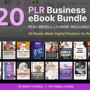 May include: A promotional image for a digital product bundle. The image features the text "20 PLR Business eBook Bundle" with the words "PLR / RESELL LICENSE INCLUDED". Below are 20 book covers with titles like "Faceless Marketing" and "Canva & ChatGPT".