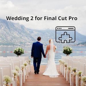 May include: A wedding ceremony taking place outdoors with a bride and groom standing in front of a row of white chairs decorated with white flowers. The ceremony is taking place on a wooden dock overlooking a body of water. The bride is wearing a white wedding dress and a veil. The groom is wearing a blue suit. The text "Wedding 2 for Final Cut Pro" is displayed at the top of the image.