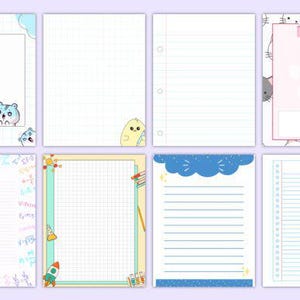 May include: Set of eight printable planner pages with different borders and line styles. The borders feature cute cartoon animals, including a hamster, a chick, and cats. The pages are designed for use in a planner or notebook.