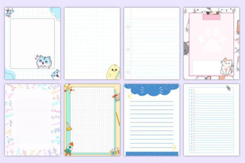May include: Set of eight printable planner pages with different borders and line styles. The borders feature cute cartoon animals, including a hamster, a chick, and cats. The pages are designed for use in a planner or notebook.