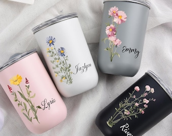 Gobelet fleuri personnalisé pour maman, coupe à vin en acier inoxydable personnalisée avec nom, cadeau pour la fête des mères, cadeau d'anniversaire pour maman