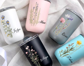 Personalized Bridesmaids Gifts Floral Wine Glass with Lid,  Bridal Party Proposal, Stainless Steel Tumbler (10oz),  Wedding Shower Gift