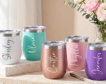 Bridesmaid Wine Tumbler, Personalized Stainless Steel Cup with Lid for Wedding Party, Bachelorette Gift, Bridal Shower Favor for Her